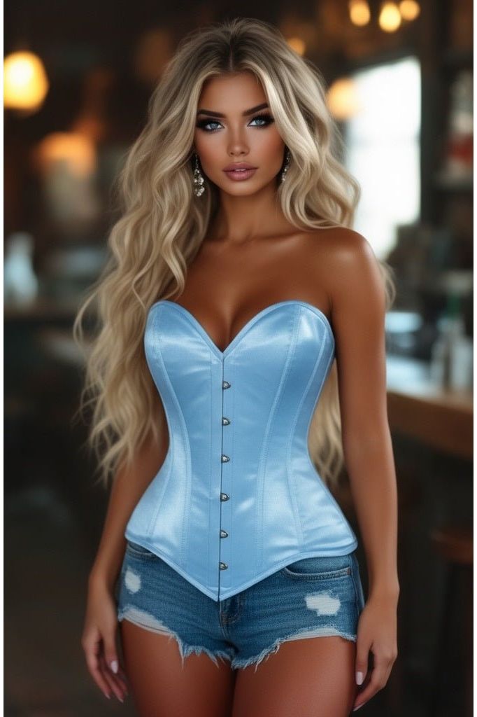 Lavish Lt Blue Satin Overbust Corset Sweetheart Neckline Busk Closure