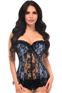 Lavish Lt Blue w/Black Lace & Lycra Hook & Eye Stretch Bustier Corset