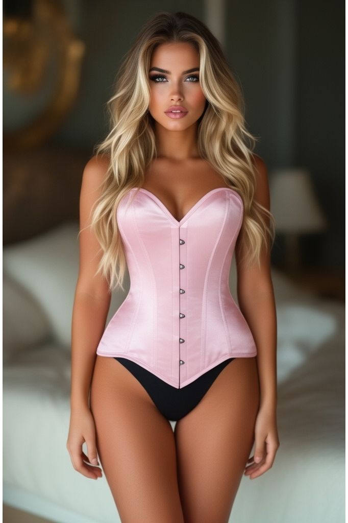 Lavish Lt Pink Satin Overbust Corset Sweetheart Neckline Busk Closure