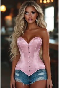 Lavish Lt Pink Satin Overbust Corset Sweetheart Neckline Busk Closure