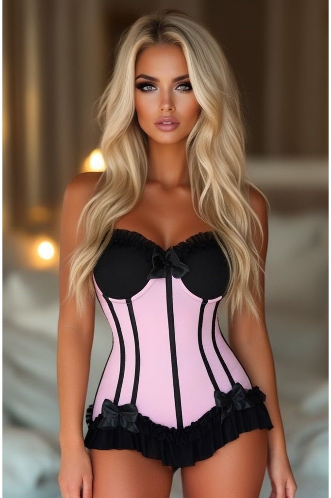 Lavish Lt Pink w/Black Lycra Hook & Eye Stretch Bustier Corset