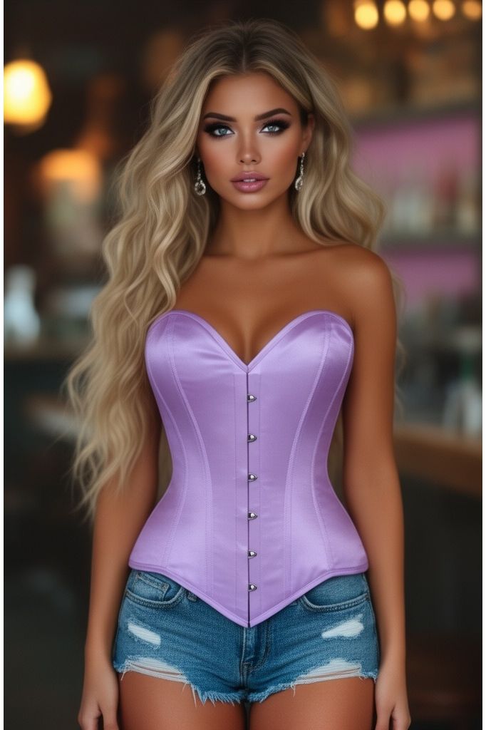 Lavish Lt Purple Satin Overbust Corset Sweetheart Neckline Busk Closure