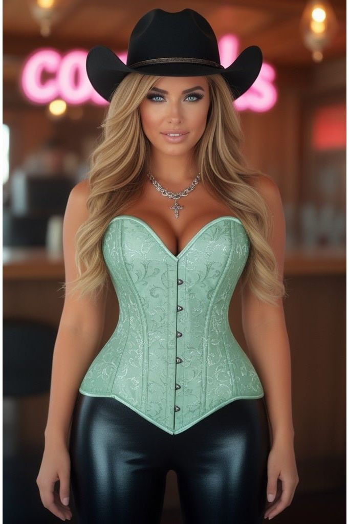 Lavish Mint Green Brocade Overbust Corset W/Busk Closure