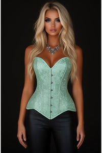 Lavish Mint Green Brocade Overbust Corset W/Busk Closure