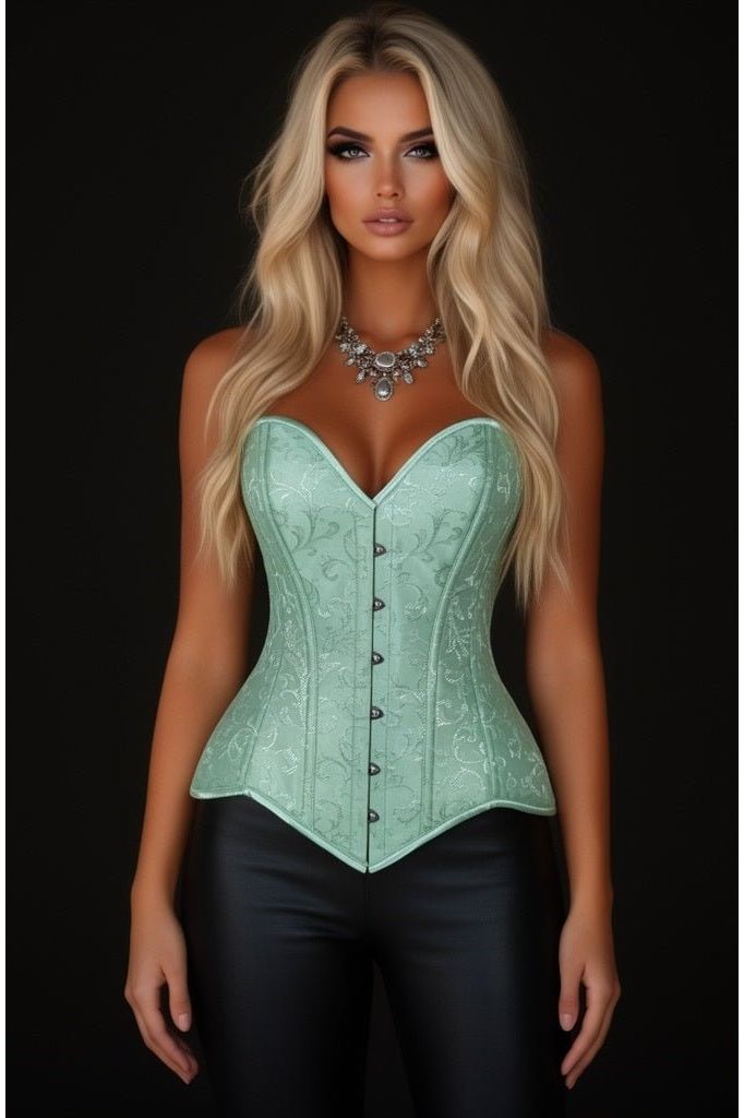 Lavish Mint Green Brocade Overbust Corset W/Busk Closure