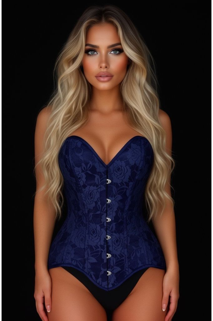 Lavish Navy Blue Lace Overbust Corset Sweetheart Neckline Busk Closure