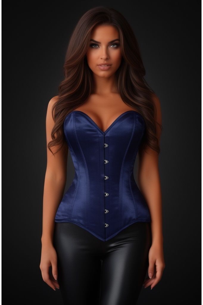 Lavish Navy Blue Satin Overbust Corset Sweetheart Neckline Busk Closure