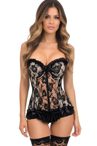 Lavish Nude w/Black Lace & Lycra Hook & Eye Stretch Bustier Corset