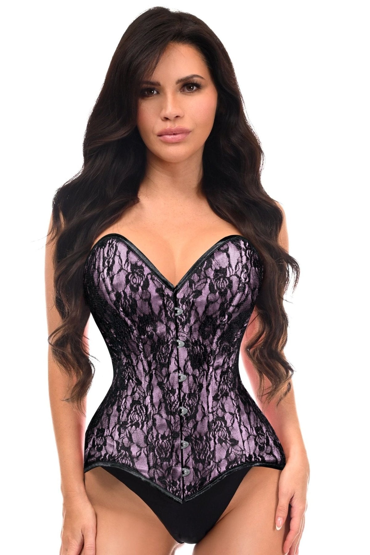 Lavish Pink/Black Lace Overbust Corset Sweetheart Neckline Busk Closure