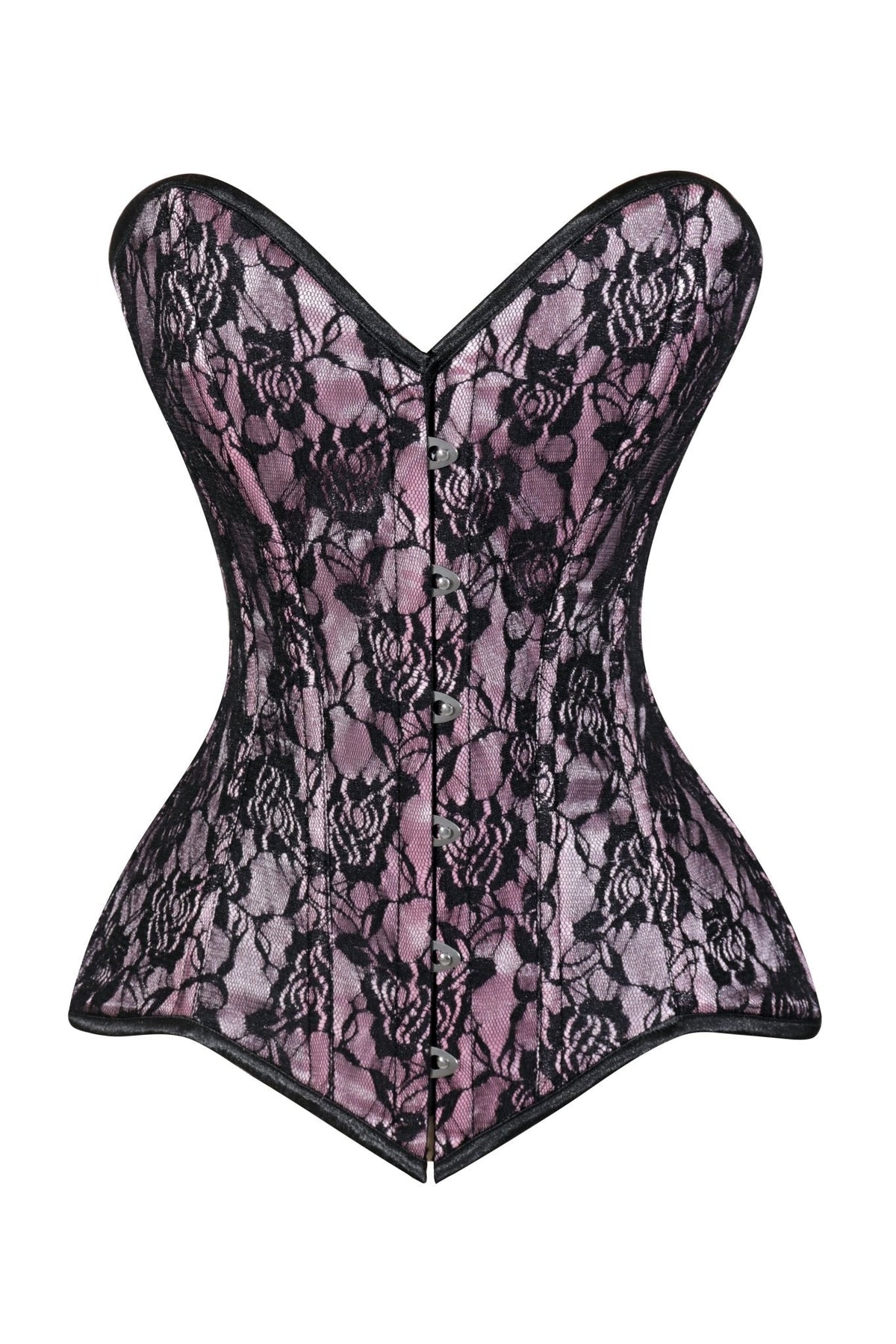 Lavish Pink/Black Lace Overbust Corset Sweetheart Neckline Busk Closure