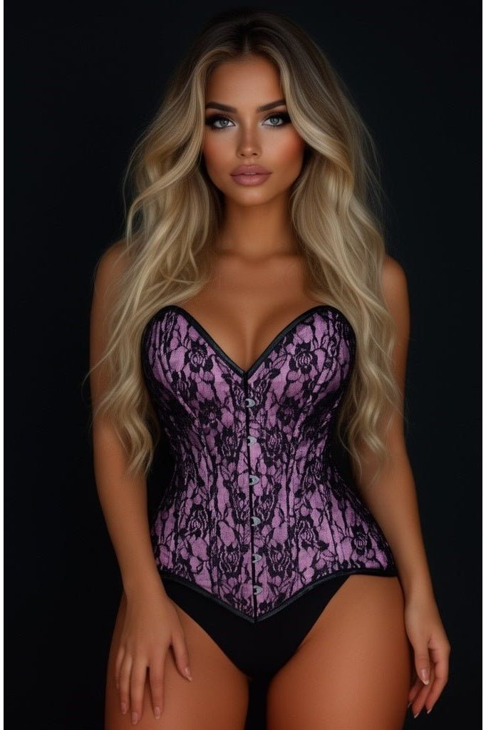 Lavish Pink/Black Lace Overbust Corset Sweetheart Neckline Busk Closure
