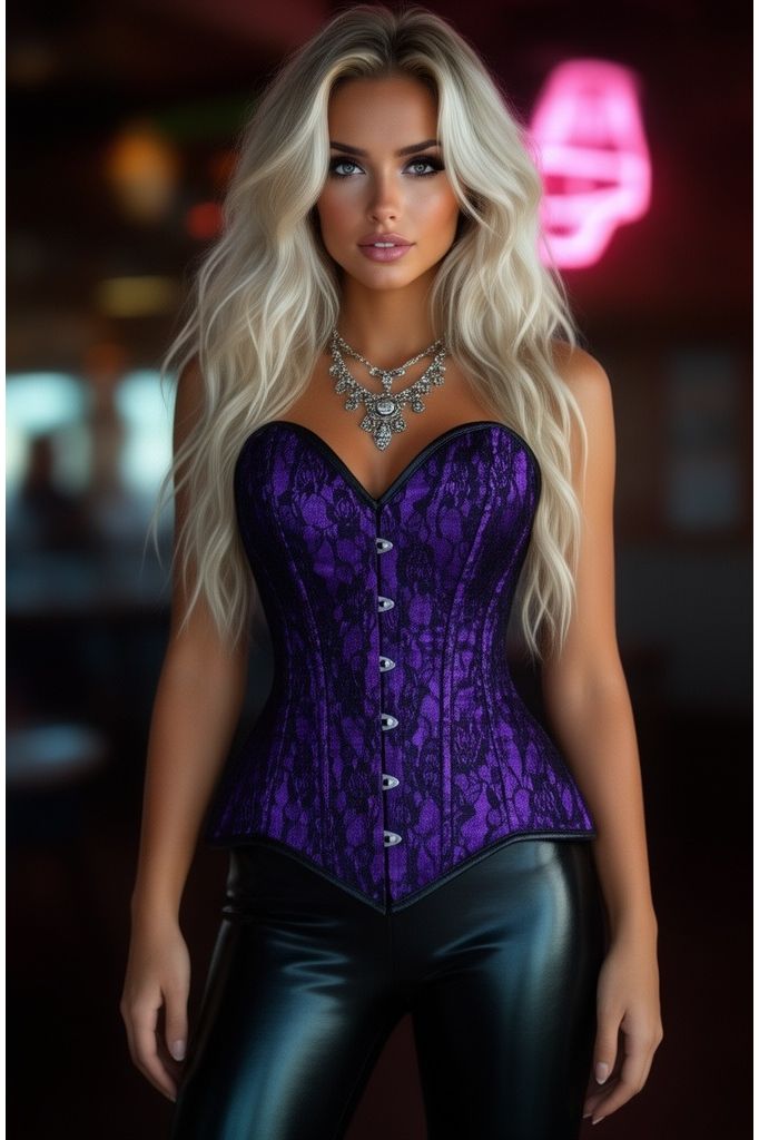 Lavish Purple/Black Lace Overbust Corset Sweetheart Neckline Busk Closure