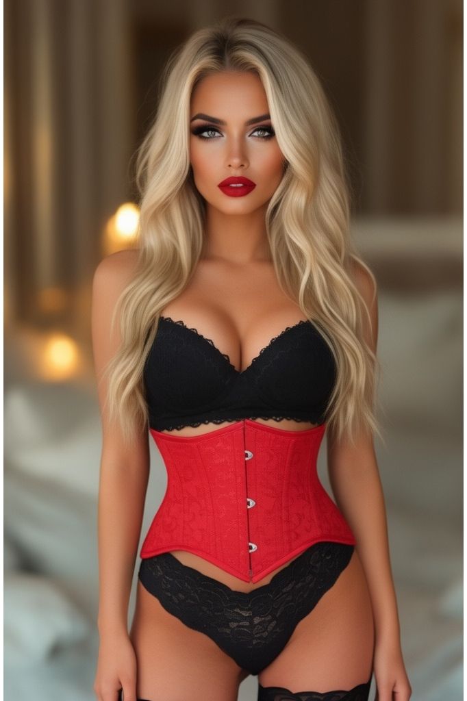 Lavish Red Brocade Mini Cincher Underbust Corset Waist Cincher Busk Closure