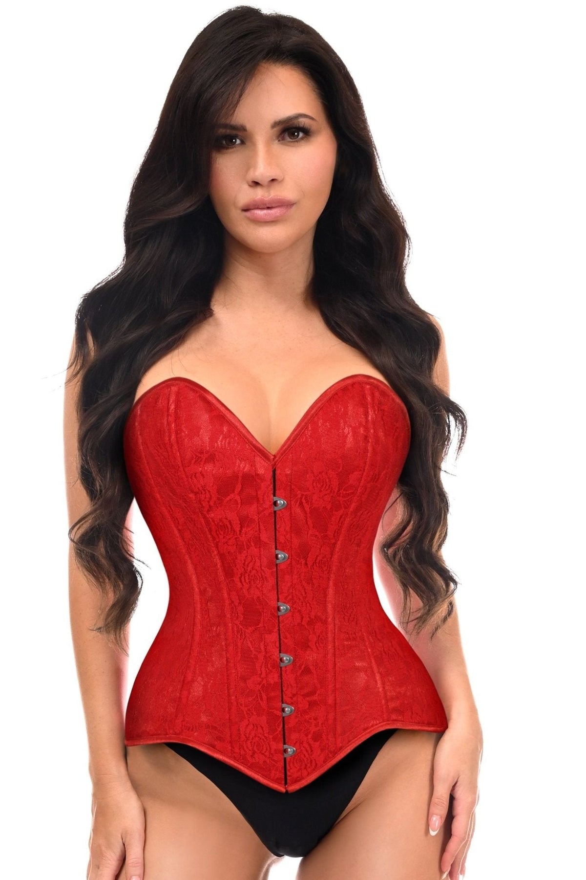 Lavish Red Lace Overbust Corset Sweetheart Neckline Busk Closure