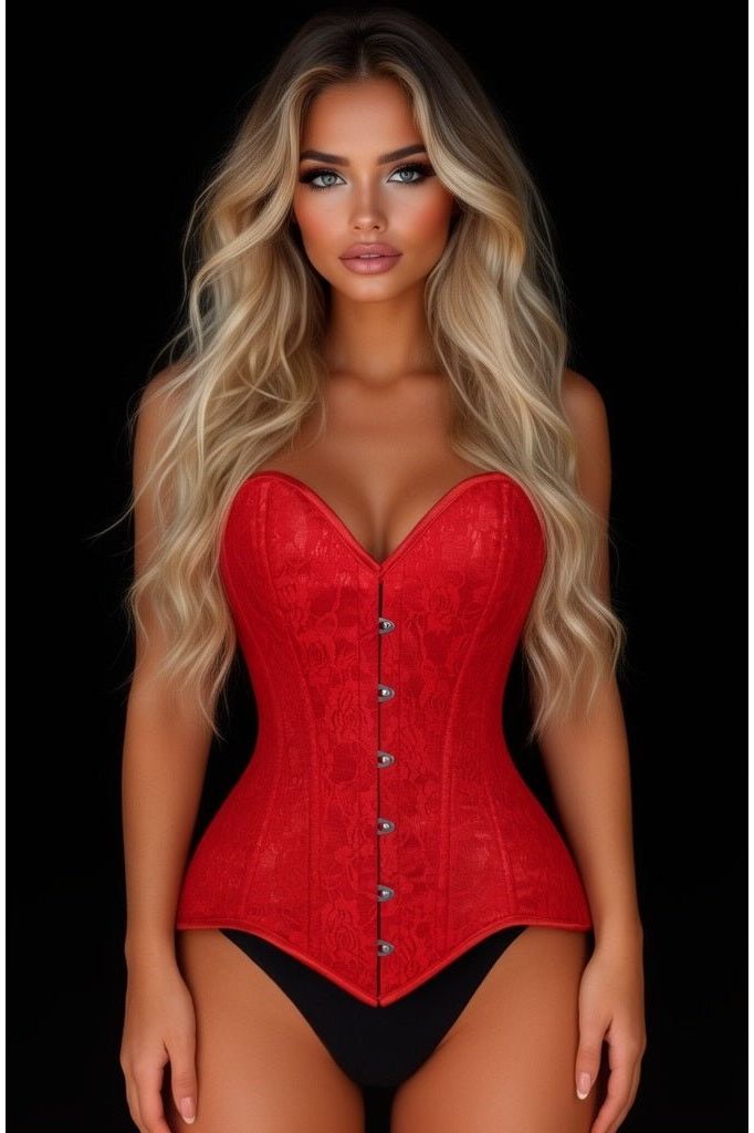 Lavish Red Lace Overbust Corset Sweetheart Neckline Busk Closure