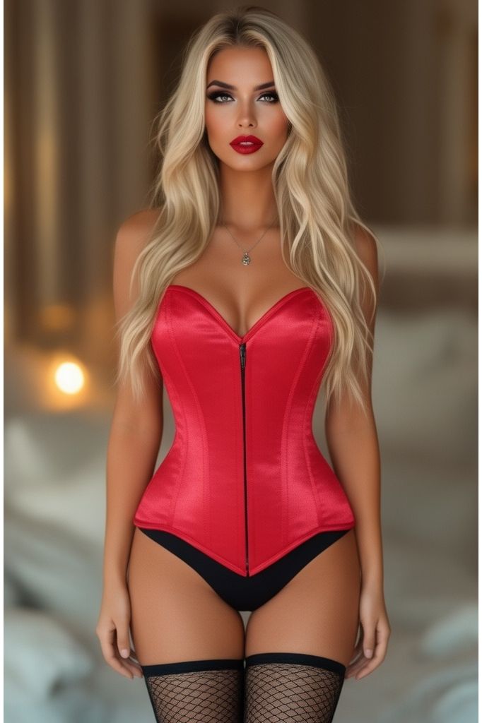 Lavish Red Satin Front Zipper Overbust Corset