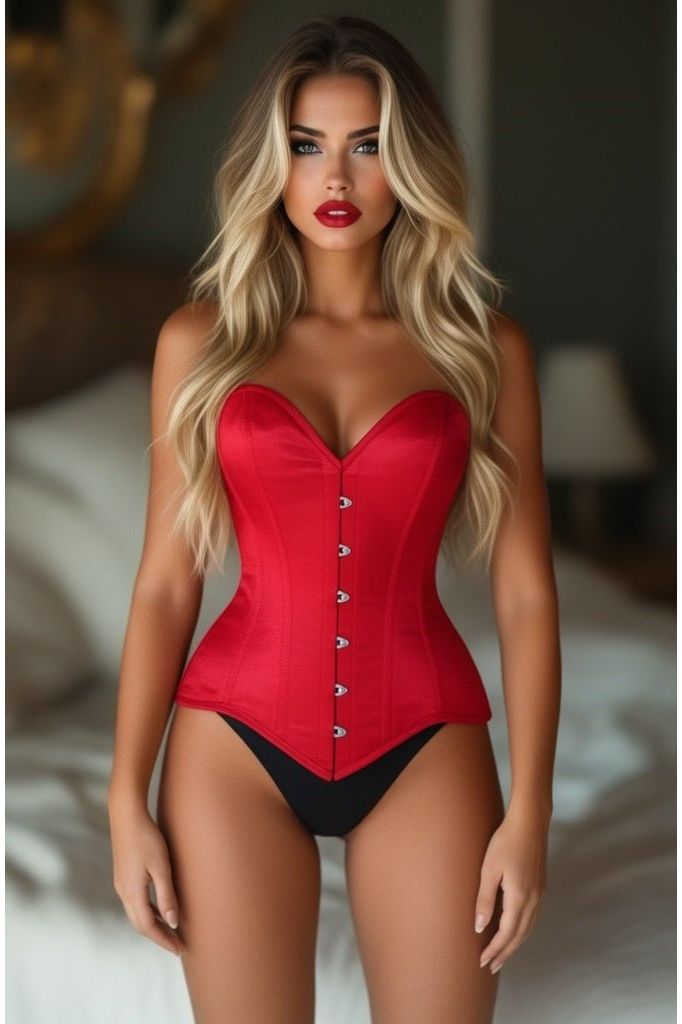 Lavish Red Satin Overbust Corset Sweetheart Neckline Busk Closure