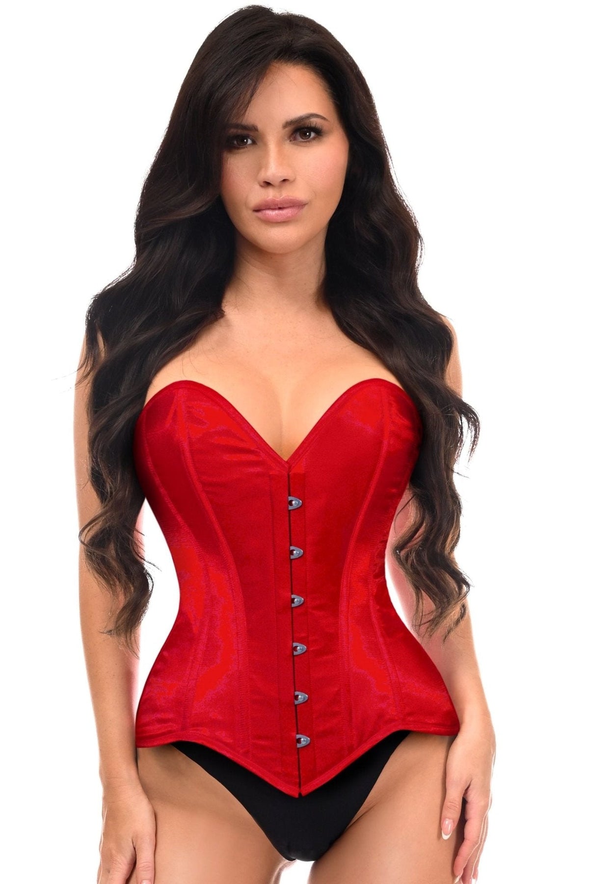 Lavish Red Satin Overbust Corset Sweetheart Neckline Busk Closure
