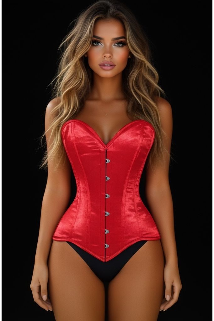 Lavish Red Satin Overbust Corset Sweetheart Neckline Busk Closure