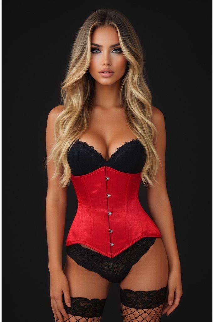 Lavish Red Satin Underbust Corset Waist Cincher Busk Closure