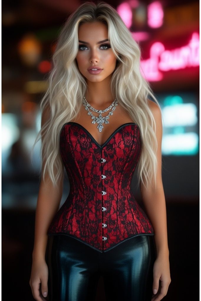 Lavish Red/Black Lace Overbust Corset Sweetheart Neckline Busk Closure