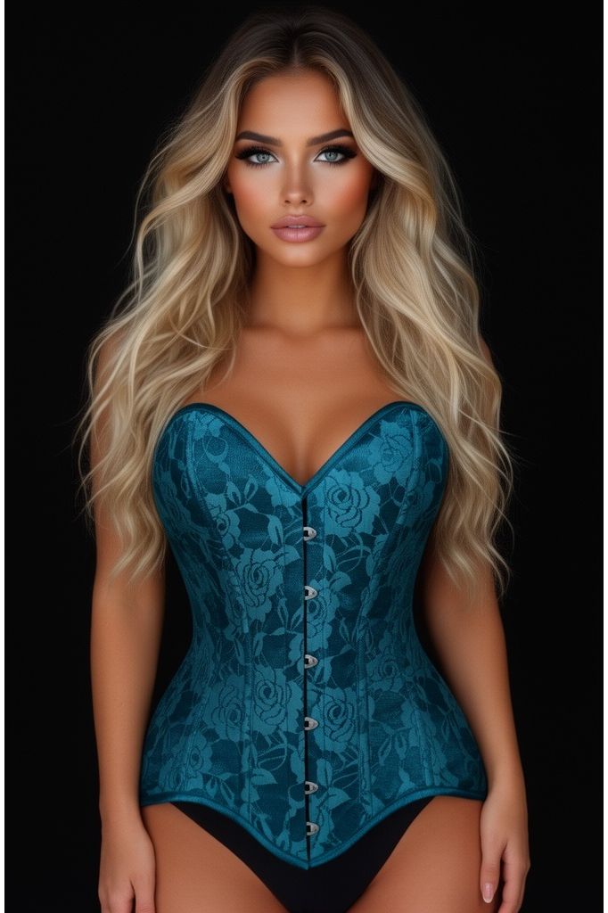 Lavish Teal Lace Overbust Corset Sweetheart Neckline Busk Closure