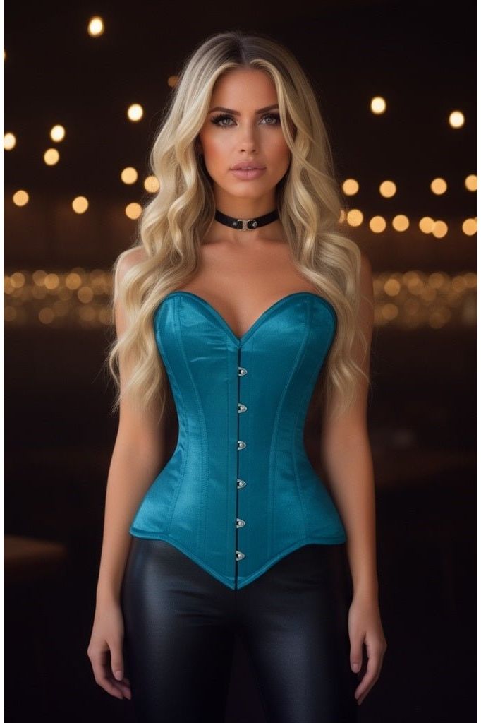 Lavish Teal Satin Overbust Corset Sweetheart Neckline Busk Closure