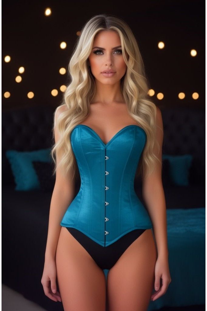 Lavish Teal Satin Overbust Corset Sweetheart Neckline Busk Closure