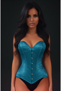 Lavish Teal Satin Overbust Corset Sweetheart Neckline Busk Closure