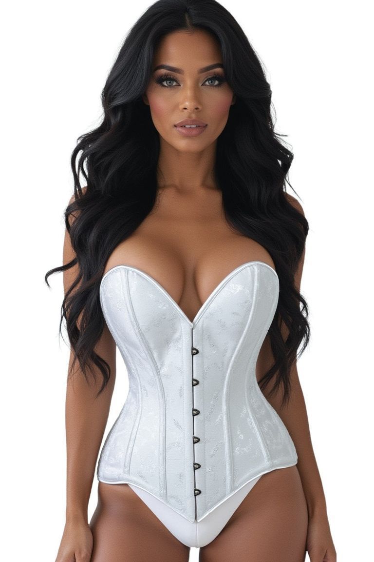 Lavish White Brocade Overbust Corset W/Busk Closure