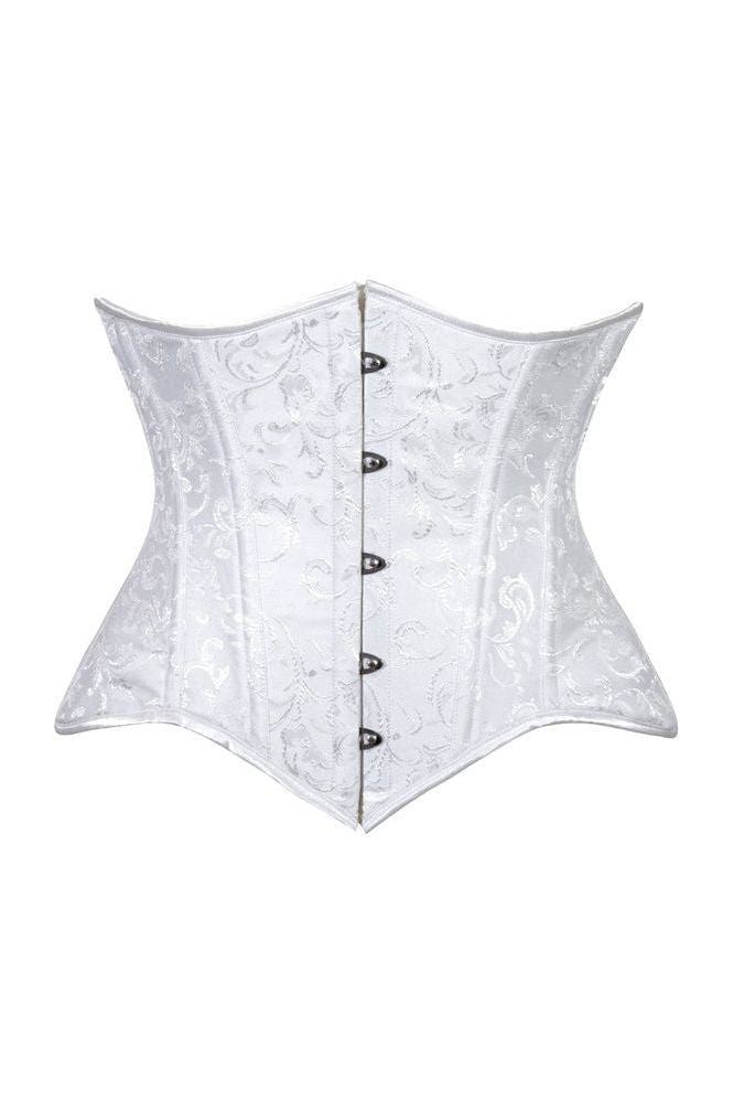 Lavish White Brocade Waist Cincher Under Bust Corset w/Front Busk Closure