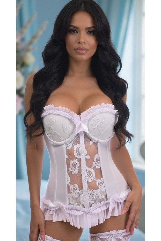 Lavish White Lycra & Lace Hook & Eye Stretch Bustier Corset