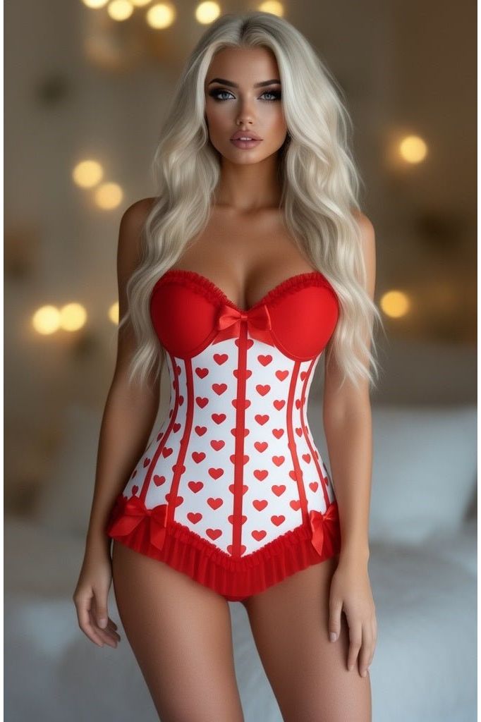 Lavish White & Red Hearts Lycra Hook & Eye Back Closure Bustier