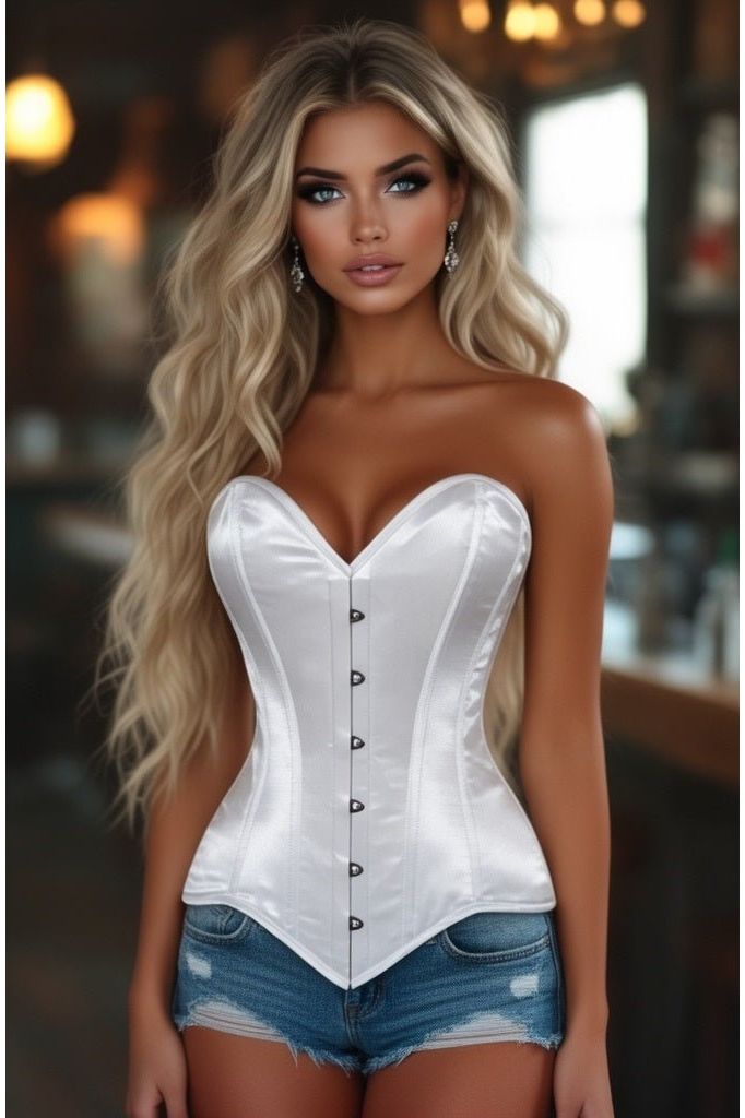 Lavish White Satin Overbust Corset Sweetheart Neckline Busk Closure