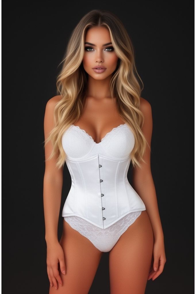 Lavish White Satin Underbust Corset Waist Cincher Busk Closure