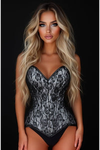 Lavish White/Black Lace Overbust Corset Sweetheart Neckline Busk Closure