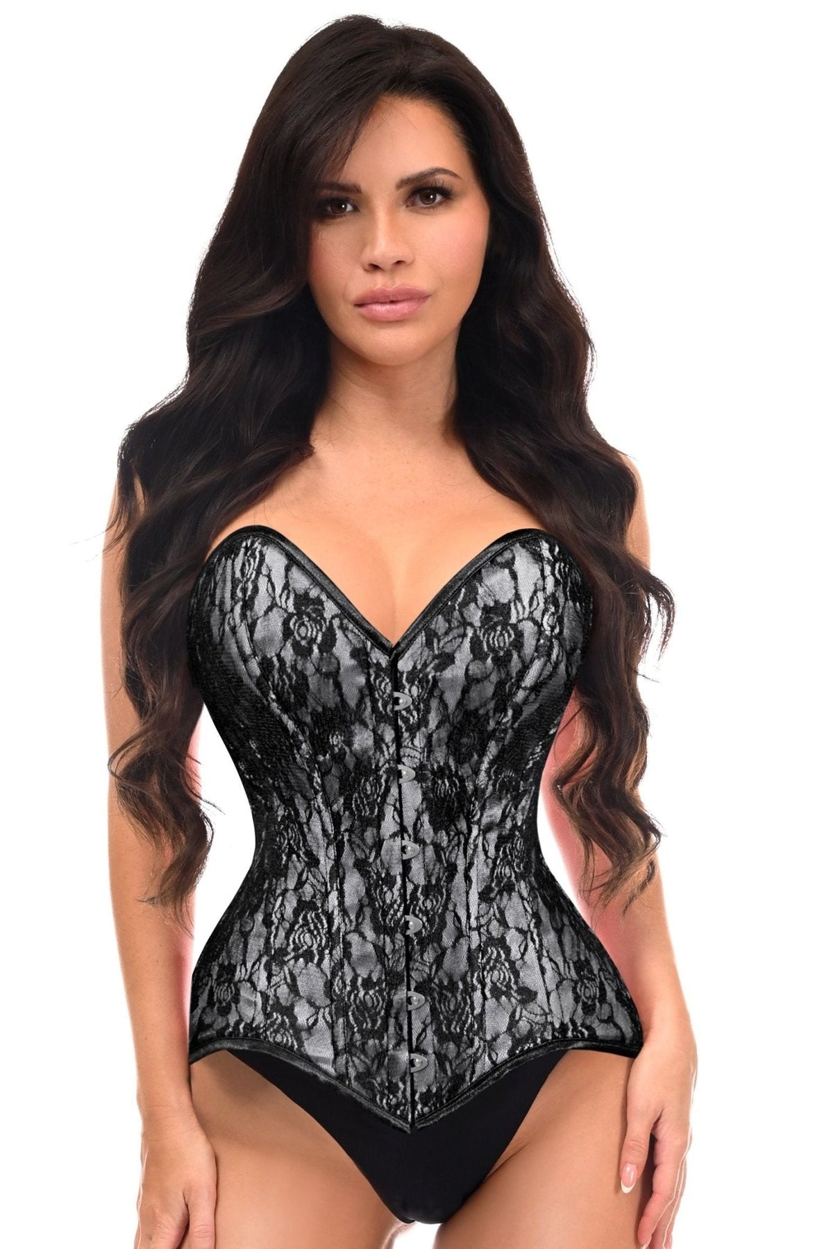Lavish White/Black Lace Overbust Corset Sweetheart Neckline Busk Closure