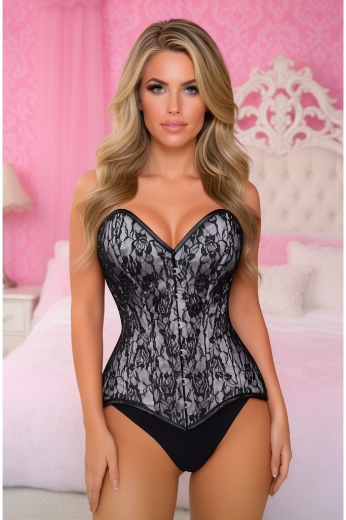 Lavish White/Black Lace Overbust Corset Sweetheart Neckline Busk Closure