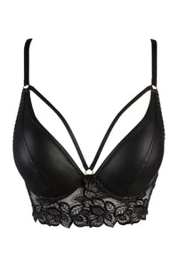 Axami Licorice longline bra: black latex, glossy lace on soft tulle, underwire cups, adjustable straps.