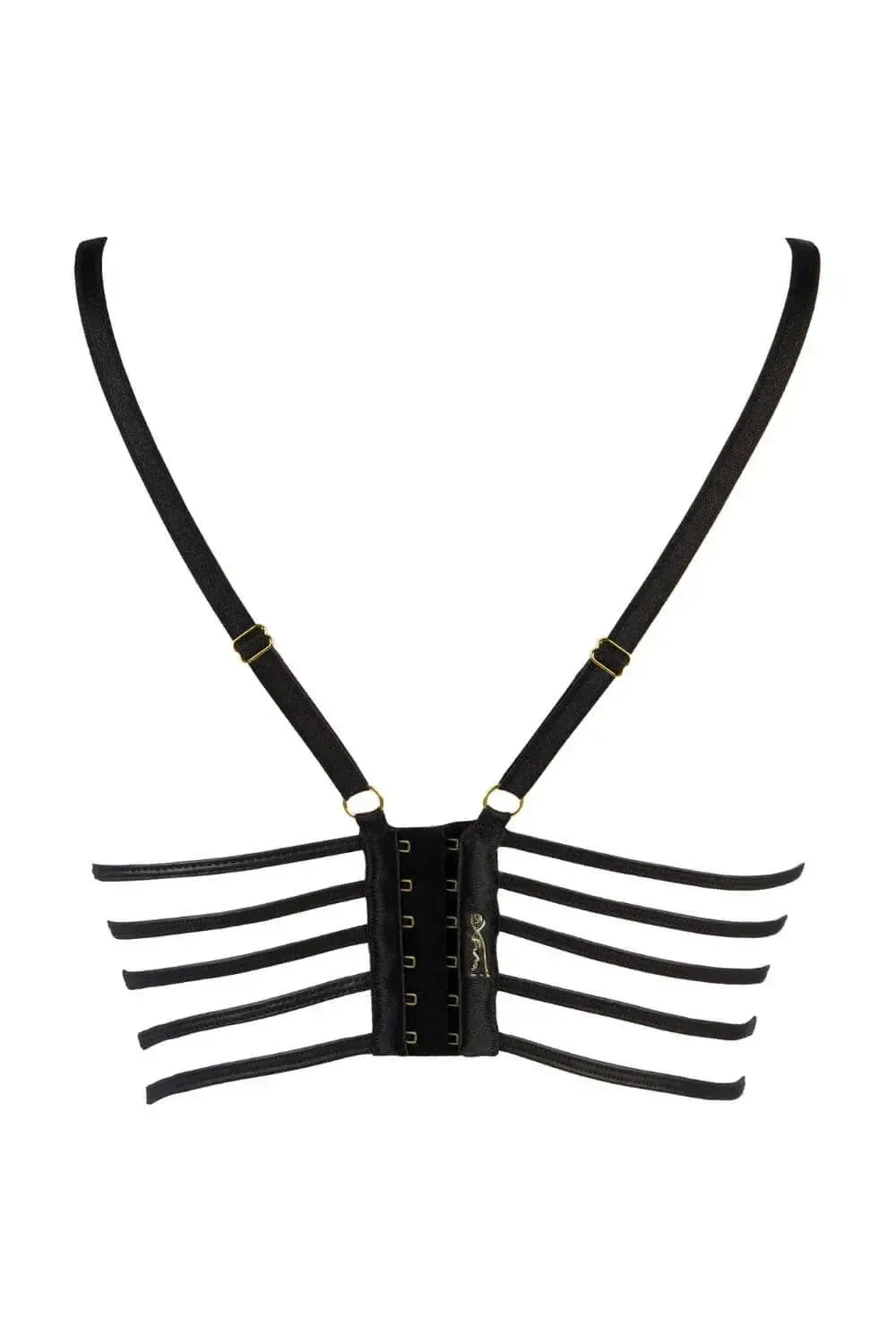 Axami Licorice longline bra, black latex base with adjustable straps and hook-and-eye closure.