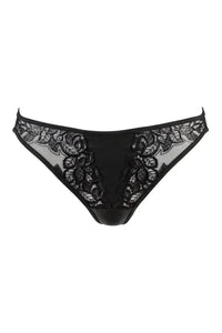 Axami Licorice thong: black latex base with glossy lace on soft tulle, designed for phenomenal comfort and fit.