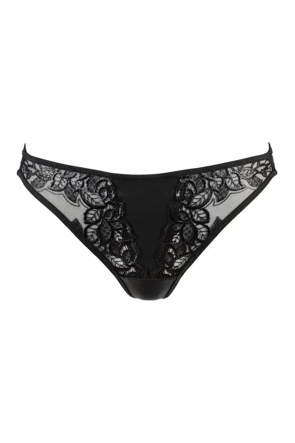 Axami Licorice thong: black latex base with glossy lace on soft tulle, designed for phenomenal comfort and fit.