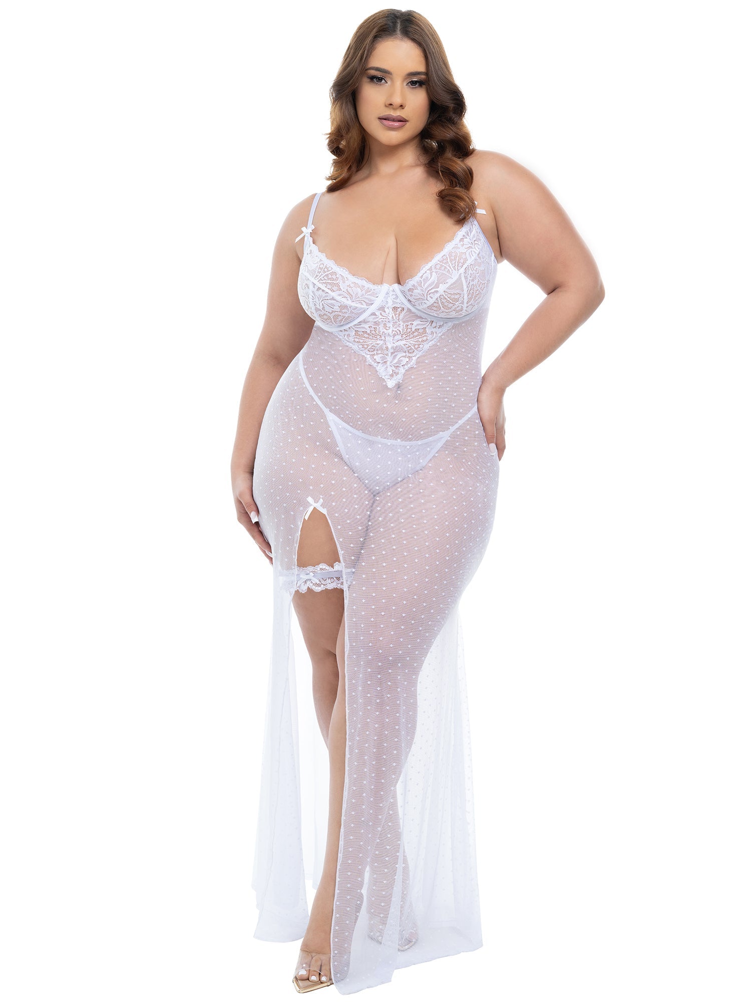Oh la la Cheri Livia Sheer Gown & Garter Set White