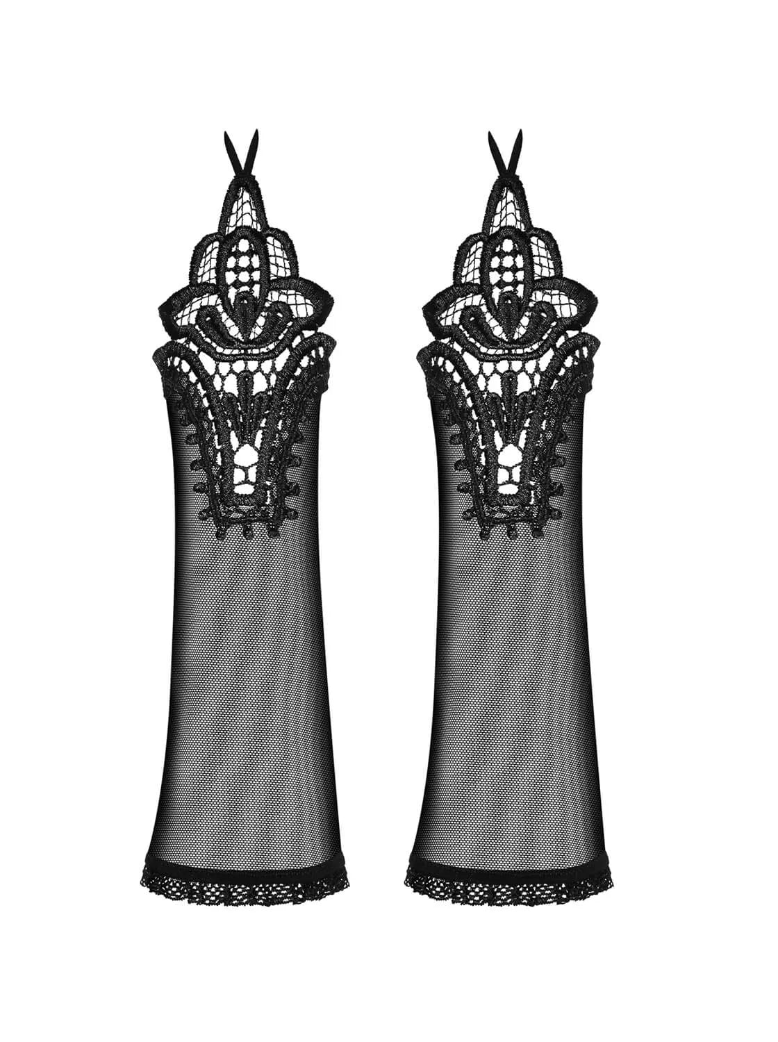 Seductive black Luiza mittens with charming lace adornments, elastic mesh, tucked ribbon, and guipure finger loop.