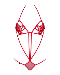 Luiza Teddy Red erotic body with soft flexible strings, flower embroideries on cups, and delicate lacy adornments.
