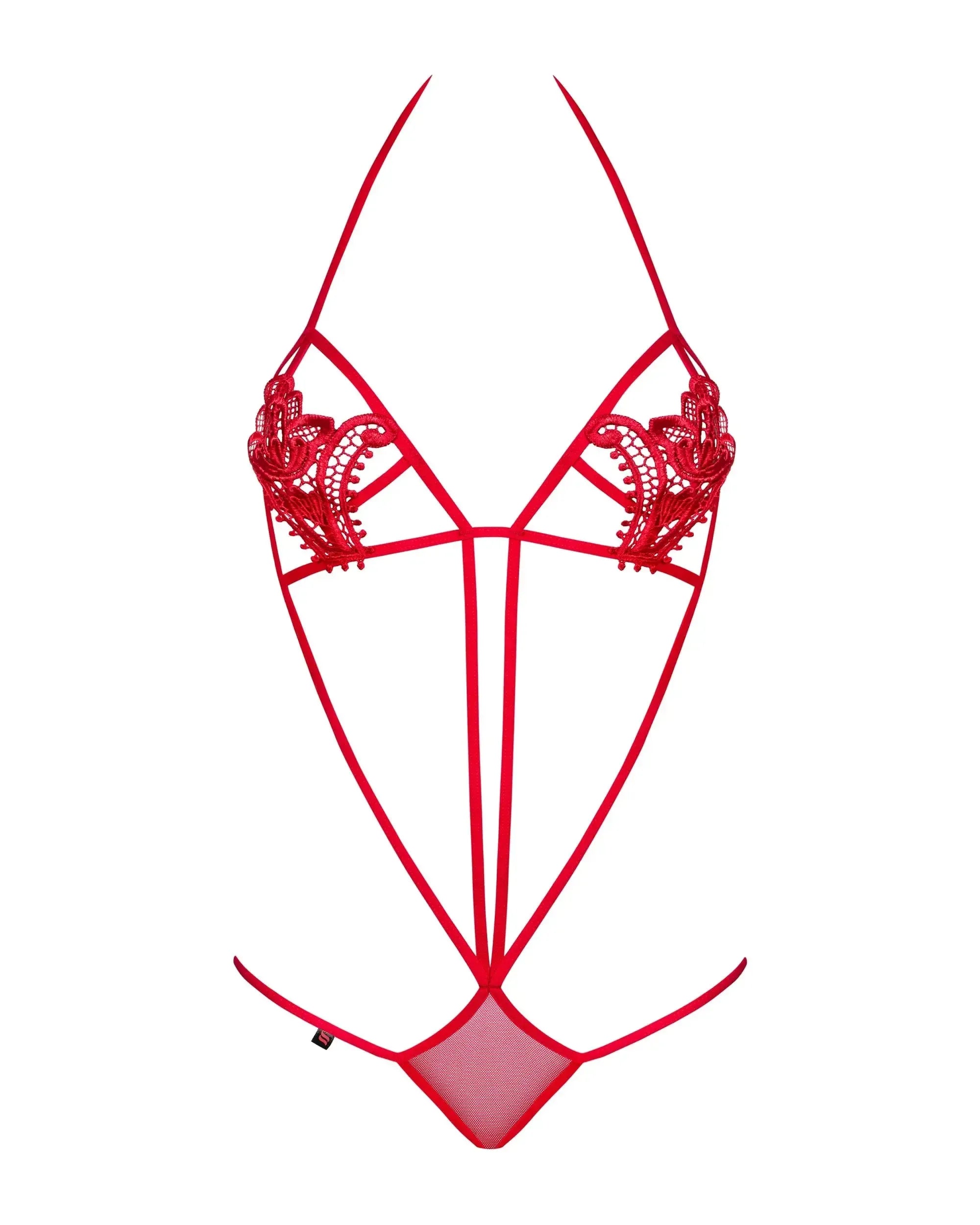 Luiza Teddy Red erotic body with soft flexible strings, flower embroideries on cups, and delicate lacy adornments.