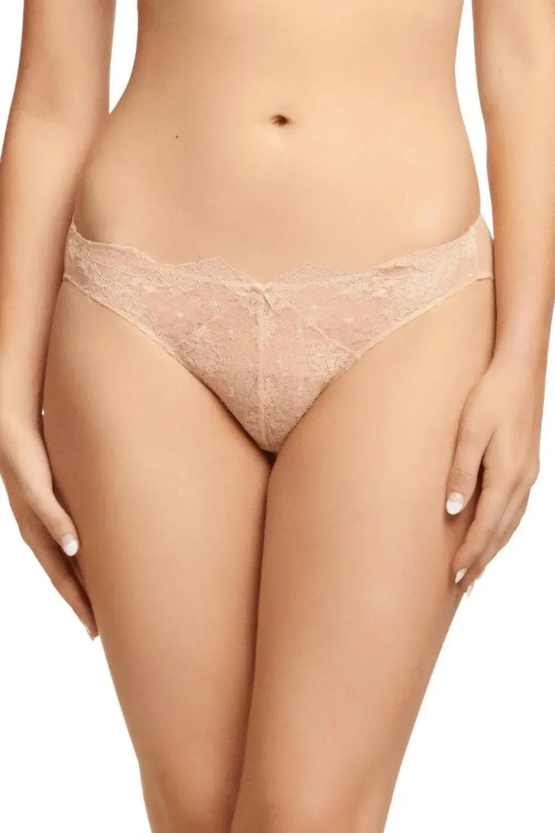 Dita Von Teese Lurex Lace Bikini Panty in Vintage Peach, featuring fine Leavers lace and ruched center seam.