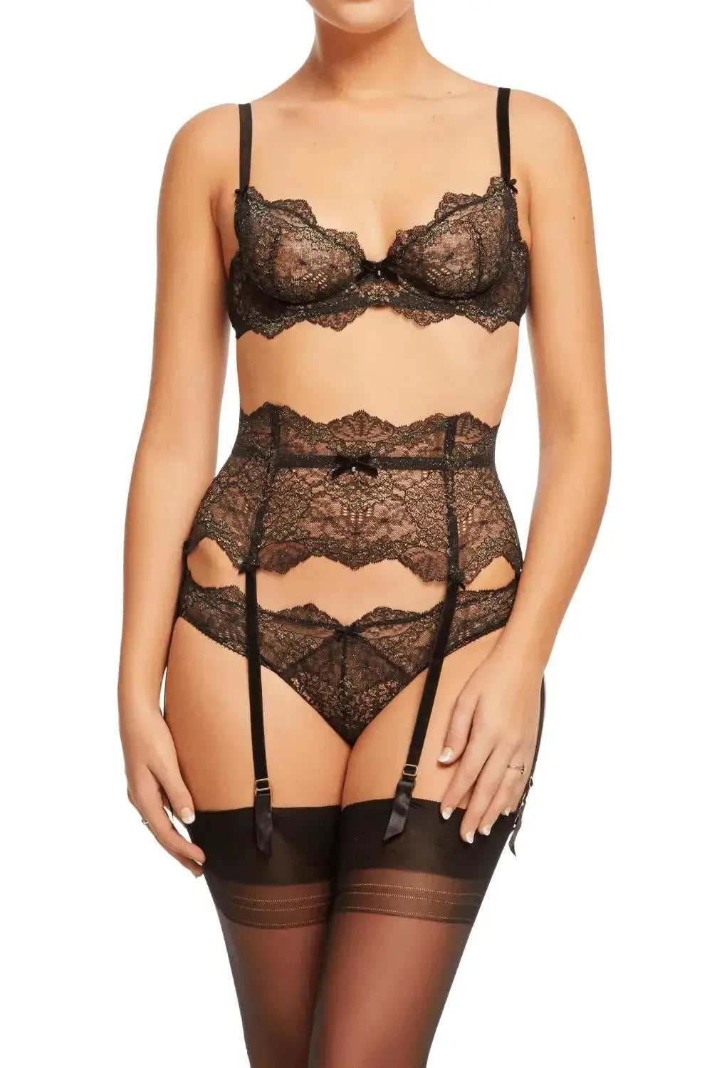 Dita Von Teese Lurex Lace G-String Panty in black, featuring shimmering Leavers lace, velvet trim, and crystal detail.