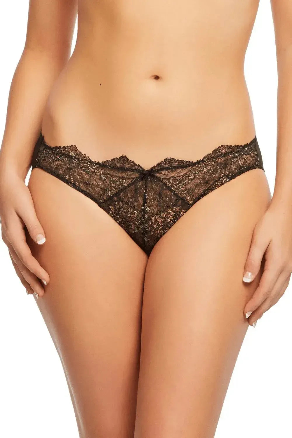 Dita Von Teese Lurex Lace G-String Panty in black, featuring fine Leavers lace with shimmering lurex highlights.