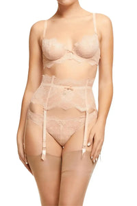 Dita Von Teese Lurex Lace High Waisted Suspender Belt in Vintage Peach with matching lingerie set.
